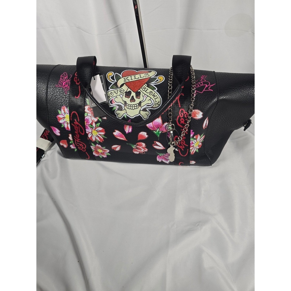 Y2k Ed Hardy Skull Black Floral Tote Bag Floral Skull Tattoo nwt Luggage - Picture 14 of 16